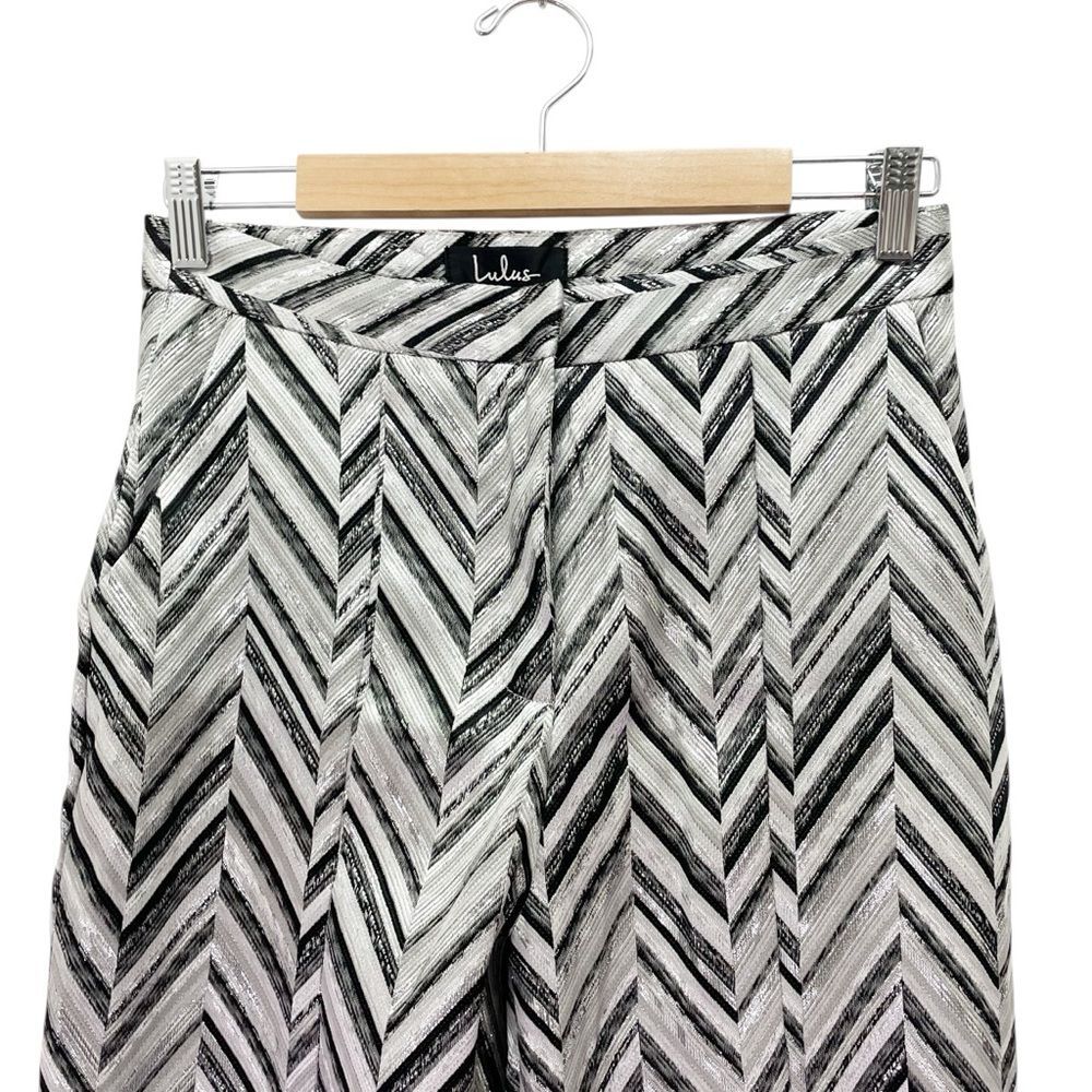 Lulus Creative Thinking Pants M Silver Black Metallic Chevron High Rise Ankle - Picture 5 of 16